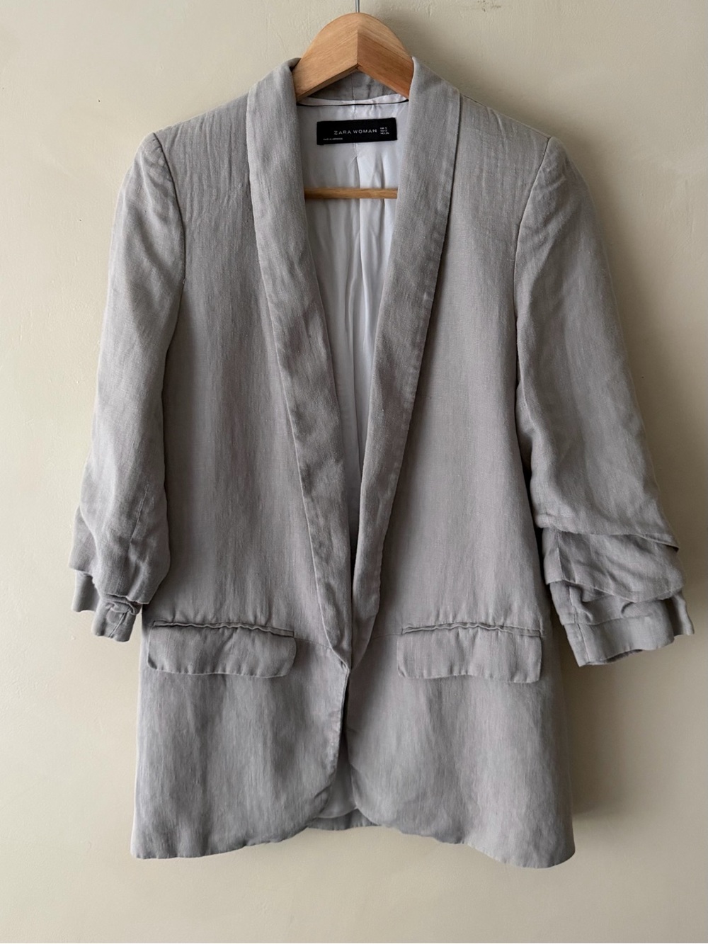 Zara Light Gray Linen-Blend Shawl Collar Blazer